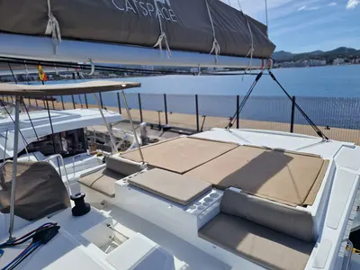Deck of La Boheme, a Bali Catspace catamaran at Sant Antoni de Portmany, Spain