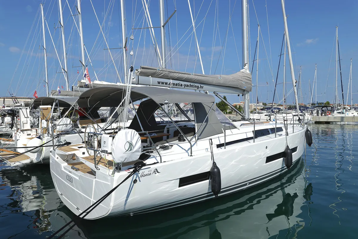 Exterior view of Cleo, a Hanse Yachts Hanse 410 sailboat at Općina Sukošan, Croatia