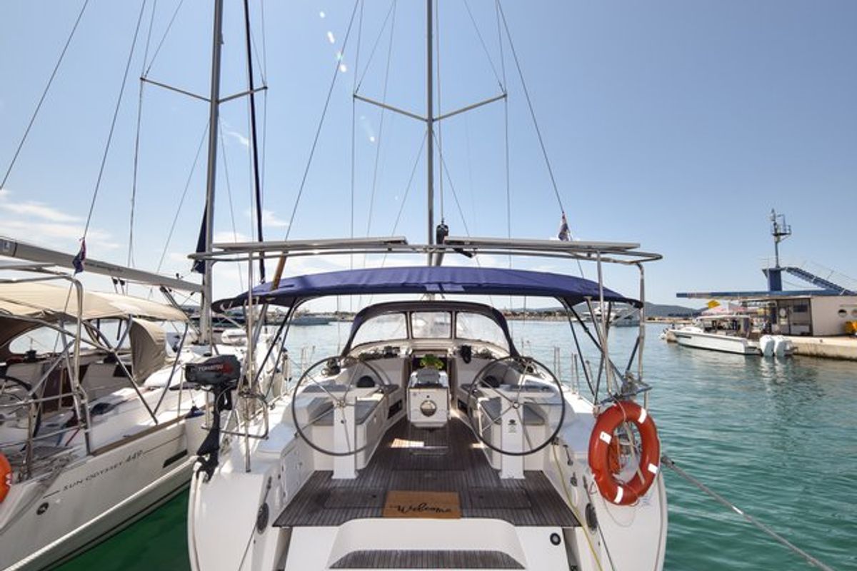 Exterior view of Controvento, a Bavaria Cruiser 45 sailboat at Općina Sukošan, Croatia