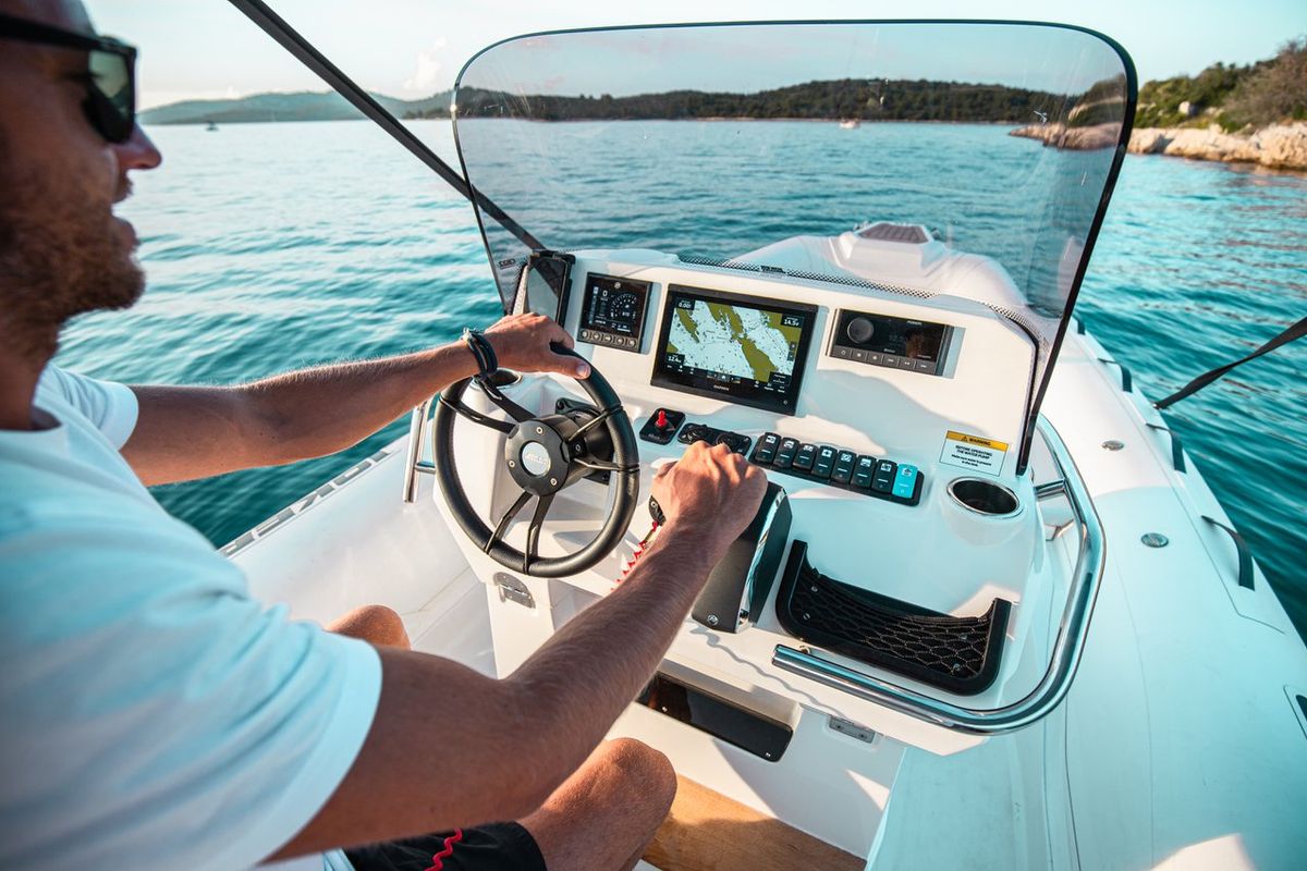 Cockpit of Joker Boat Clubman 22 Plus, a Jokerboat Joker Boat Clubman 22 Plus rib at Općina Sukošan, Croatia