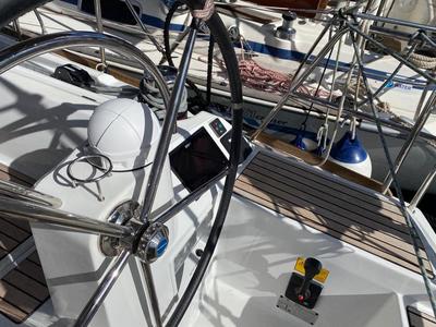 Cockpit of Alboran Pacharan (Cabo Verde), a Jeanneau Sun Odyssey 519 sailboat at Murdeira, Cape Verde