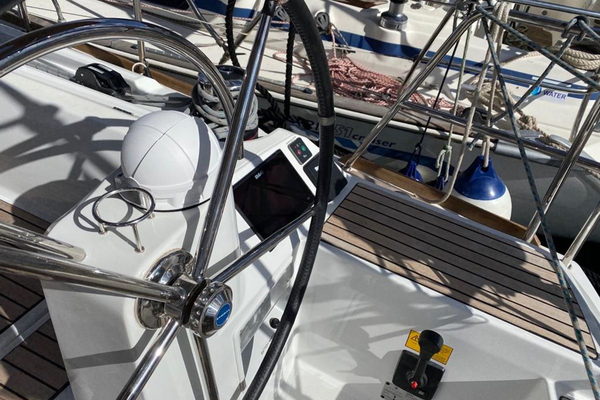 Cockpit of Alboran Pacharan (Cabo Verde), a Jeanneau Sun Odyssey 519 sailboat at Murdeira, Cape Verde