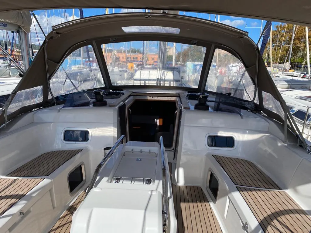 Cockpit of Alboran Pacharan (Cabo Verde), a Jeanneau Sun Odyssey 519 sailboat at Murdeira, Cape Verde