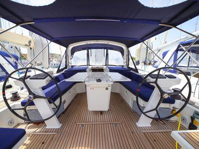 Cockpit of Eirene, a Beneteau Oceanis 46.1 sailboat at Olbia, Italy