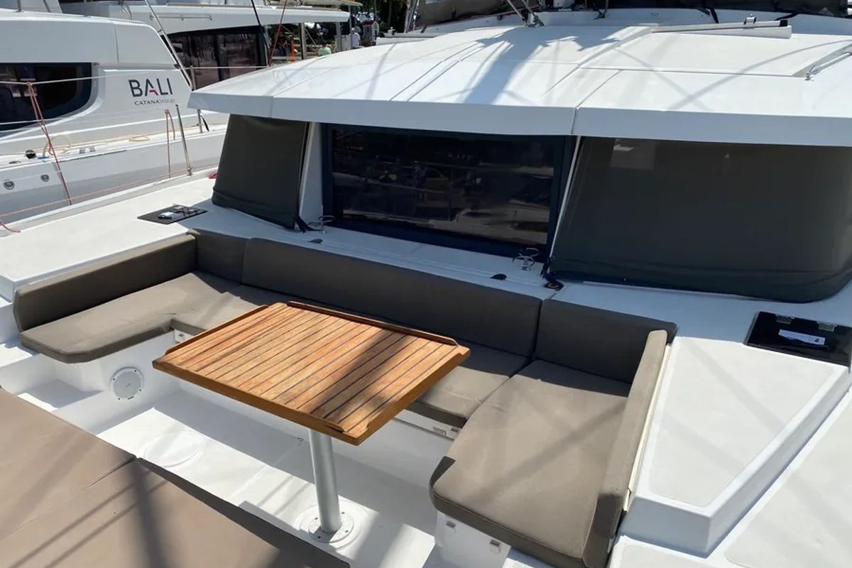 Deck of Nereida, a Bali 4.1 catamaran at Athens, Greece