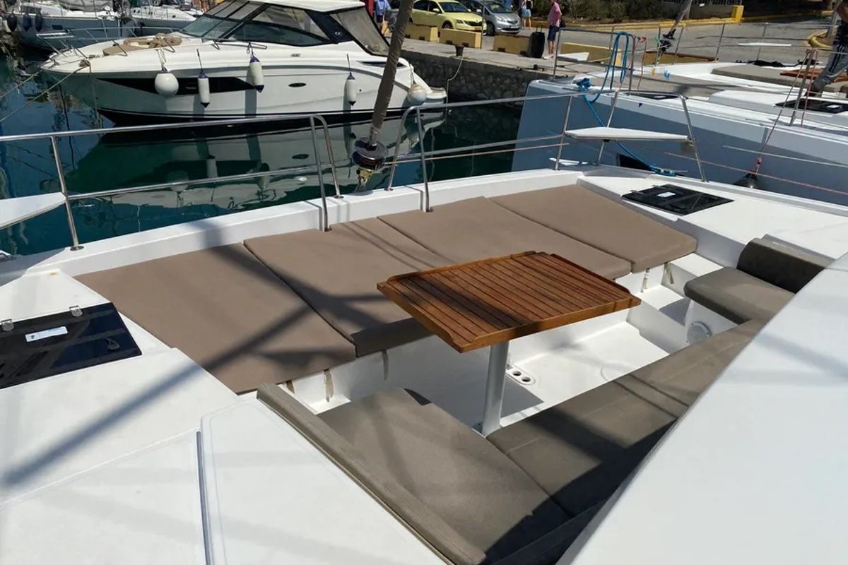 Deck of Nereida, a Bali 4.1 catamaran at Athens, Greece