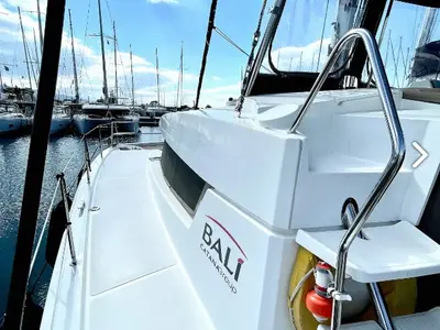 Deck of Nereida, a Bali 4.1 catamaran at Athens, Greece