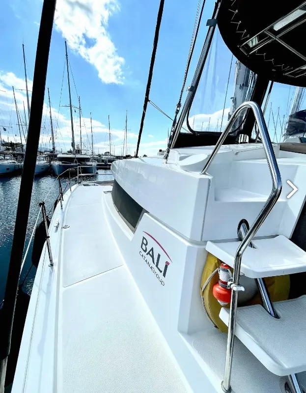 Deck of Nereida, a Bali 4.1 catamaran at Athens, Greece