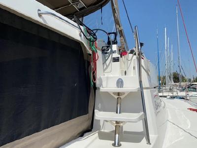 Cockpit of Nereida, a Bali 4.1 catamaran at Athens, Greece
