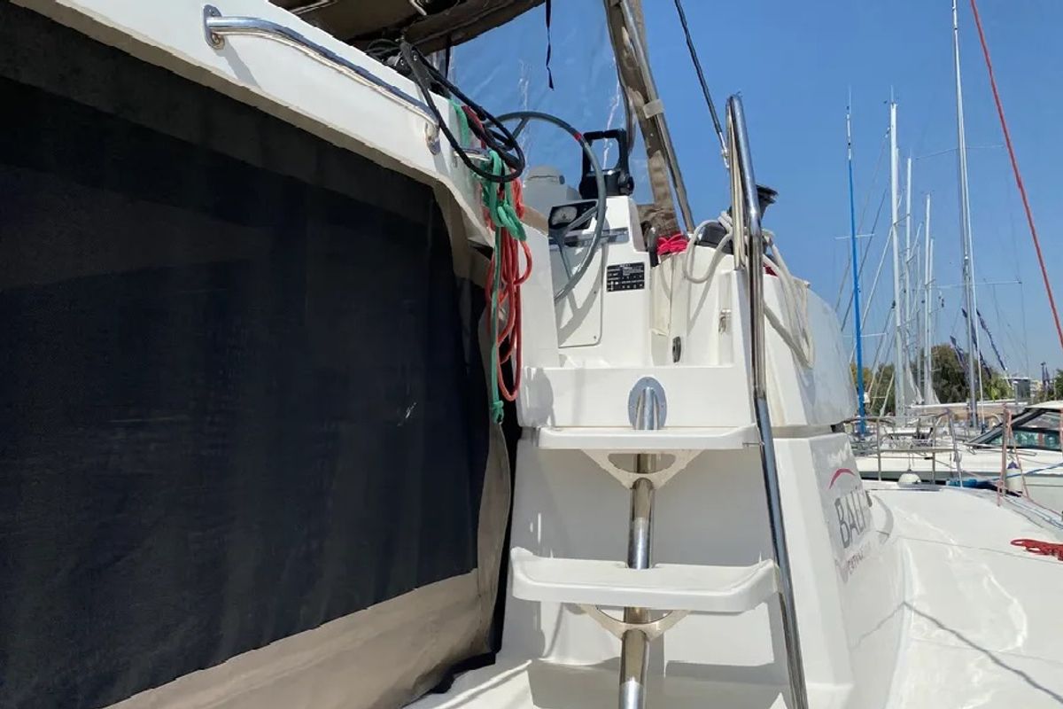 Cockpit of Nereida, a Bali 4.1 catamaran at Athens, Greece