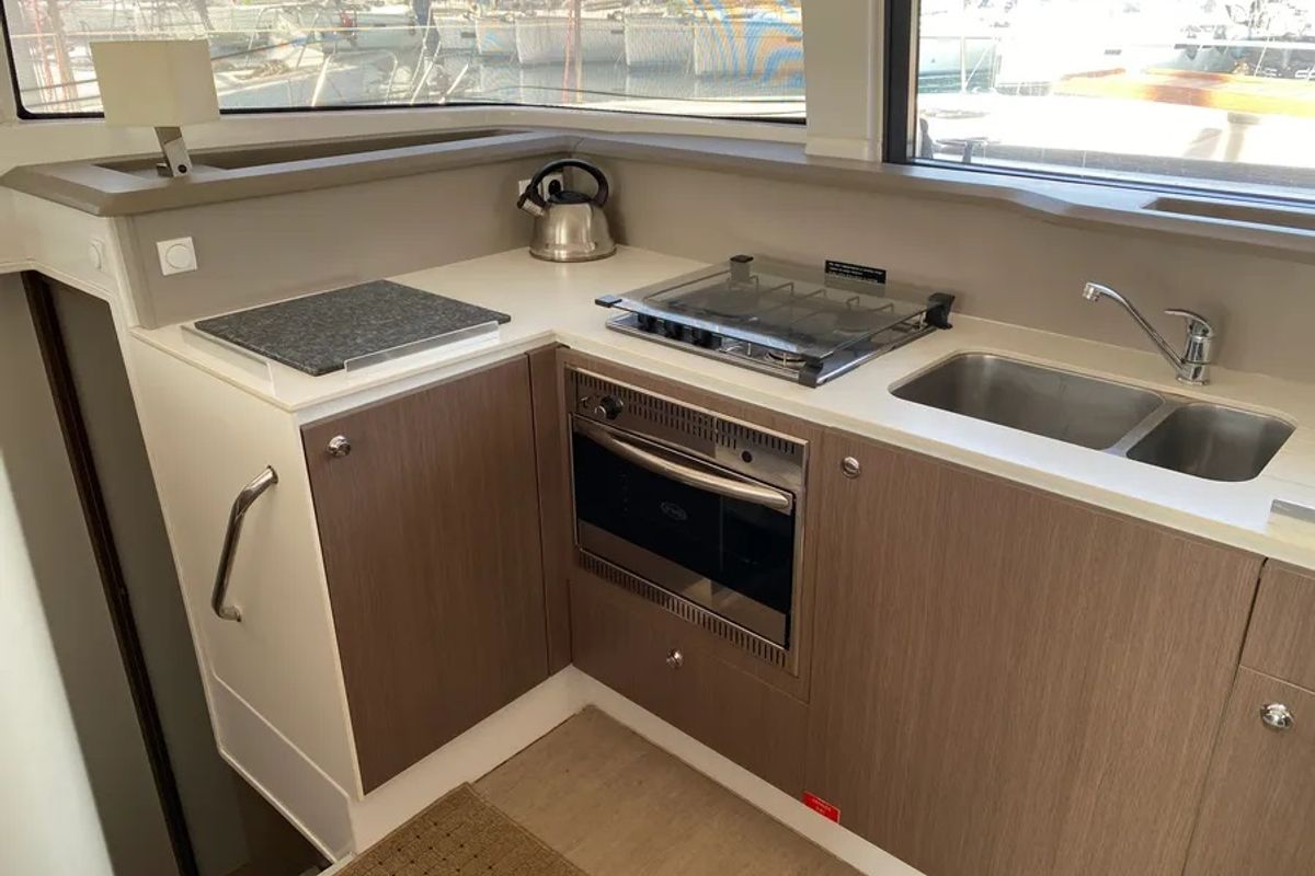 Galley of Nereida, a Bali 4.1 catamaran at Athens, Greece
