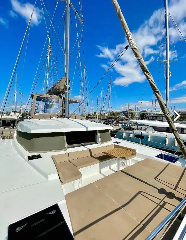 Deck of Nereida, a Bali 4.1 catamaran at Athens, Greece