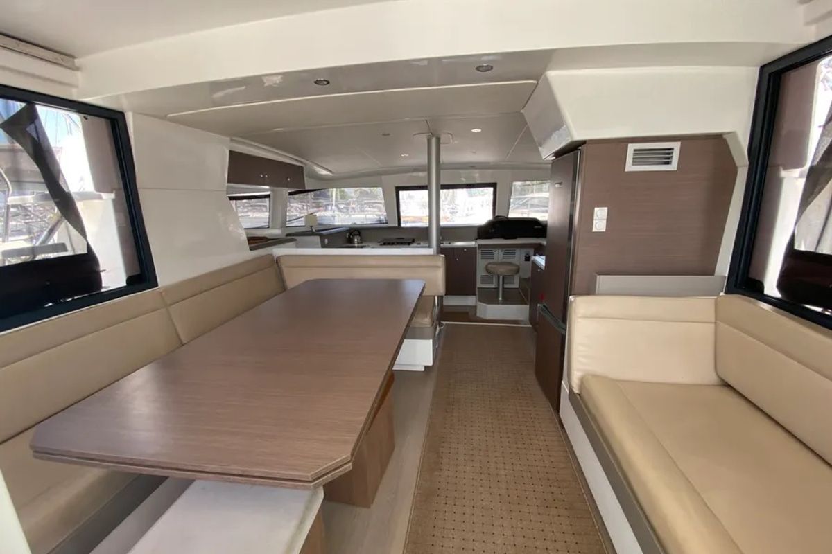 Salon of Nereida, a Bali 4.1 catamaran at Athens, Greece