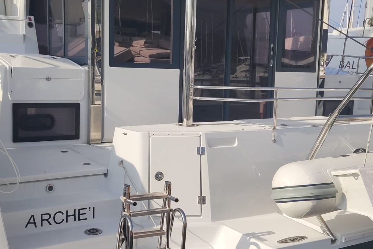 Deck of Arche, a Bali 4.4 catamaran at Salerno, Italy