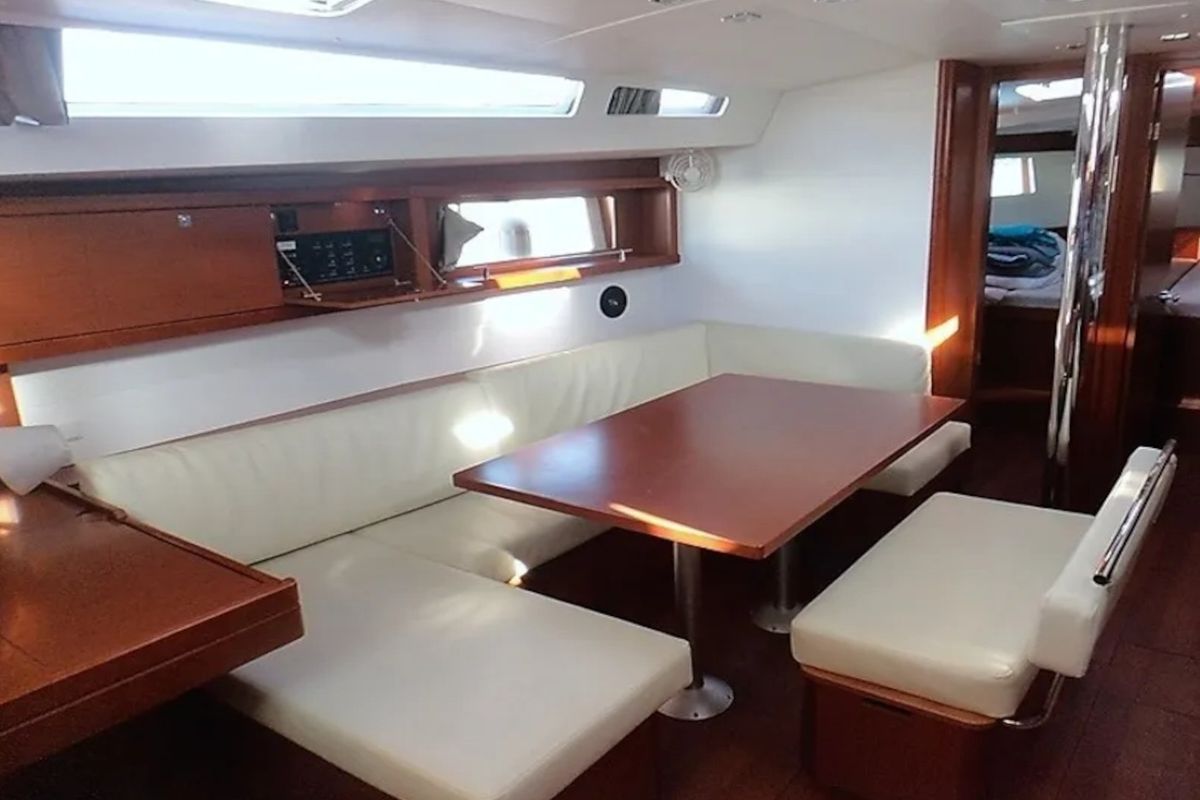 Salon of Navira, a Beneteau Oceanis 48 sailboat at Skiathos, Greece