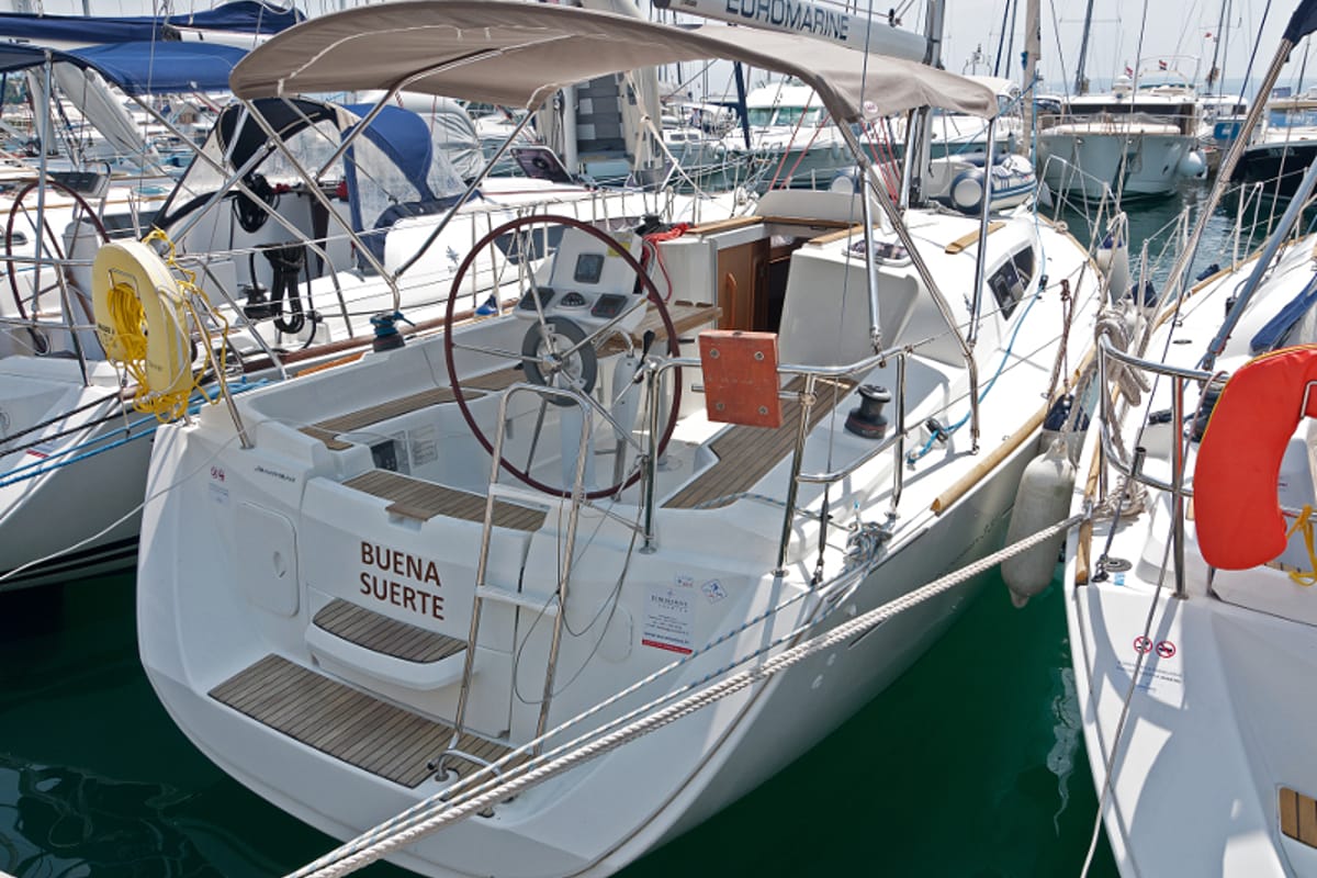 Exterior view of Buena Suerte, a Jeanneau Sun Odyssey 33i sailboat at Split, Croatia