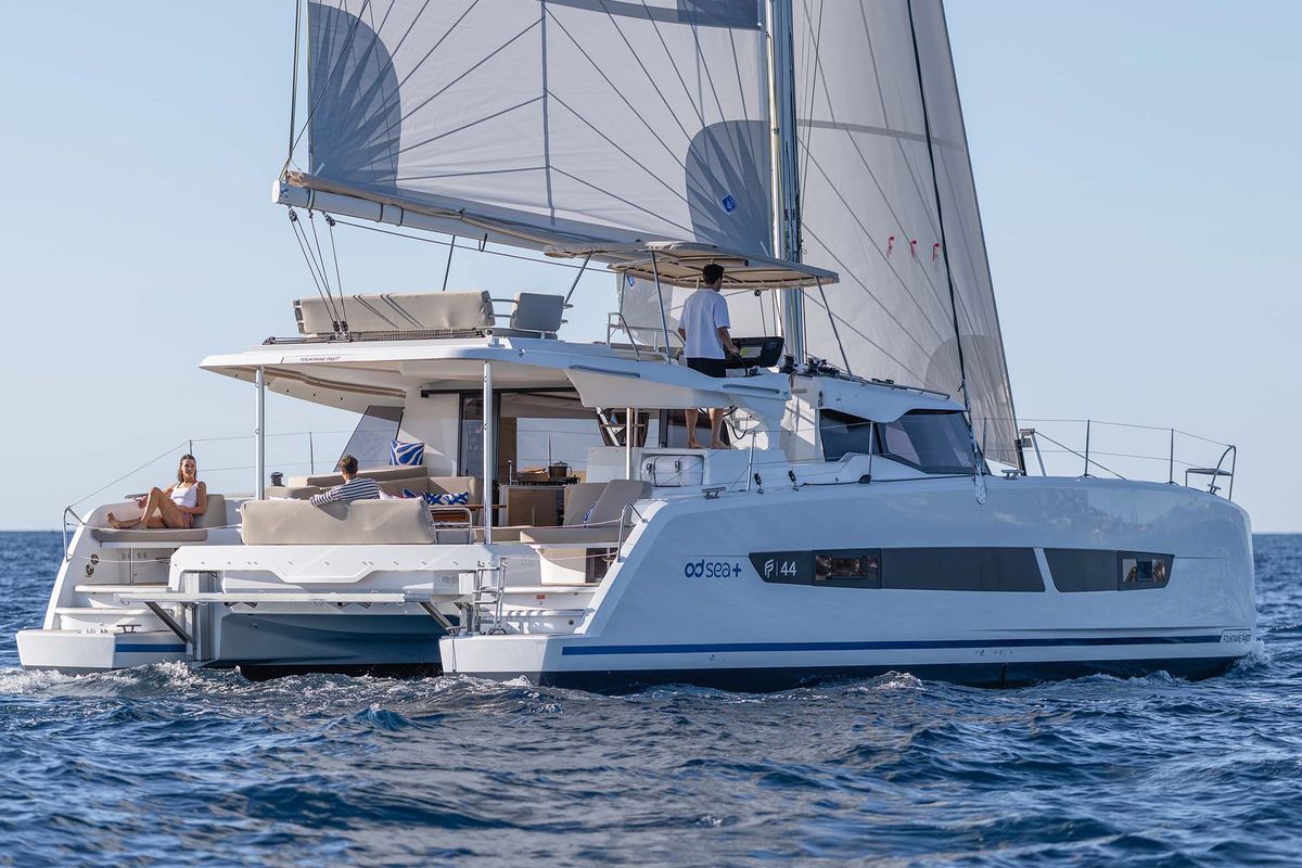 Exterior view of Adela, a Fountaine Pajot FP 44 catamaran at Athens, Greece