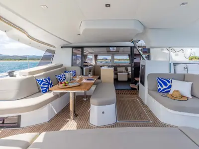 Deck of Adela, a Fountaine Pajot FP 44 catamaran at Athens, Greece