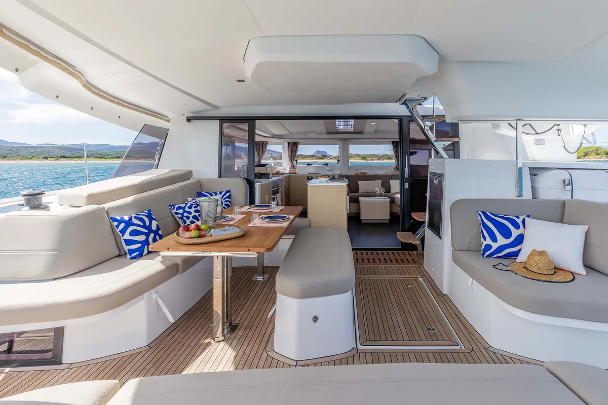 Deck of Adela, a Fountaine Pajot FP 44 catamaran at Athens, Greece
