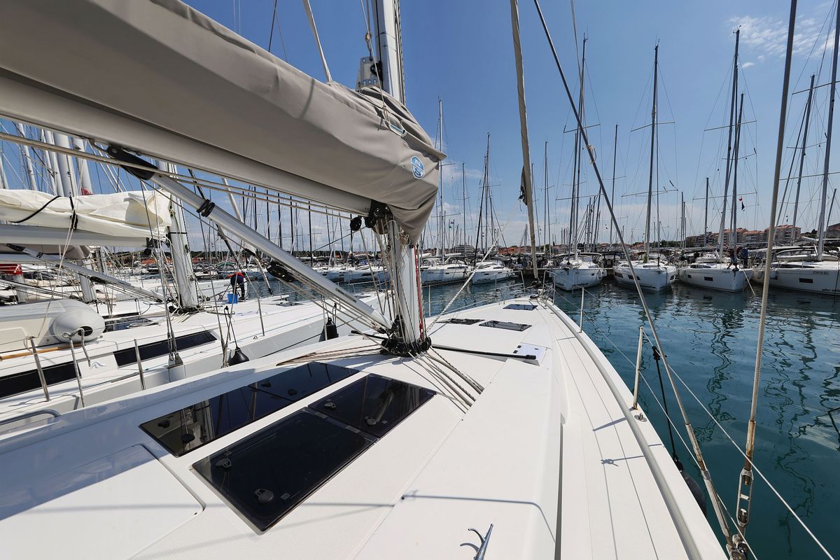 Exterior view of Apollo, a Hanse Yachts Hanse 458 sailboat at Grad Biograd na Moru, Croatia