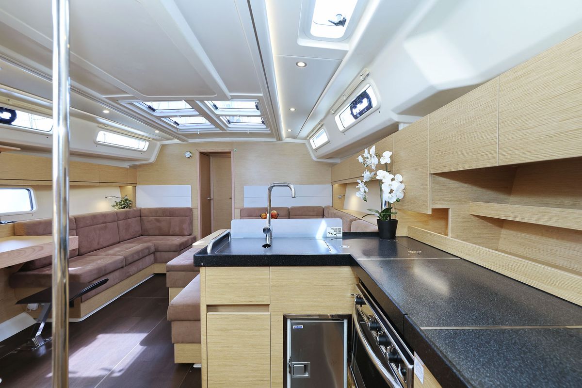 Galley of Apollo, a Hanse Yachts Hanse 458 sailboat at Grad Biograd na Moru, Croatia