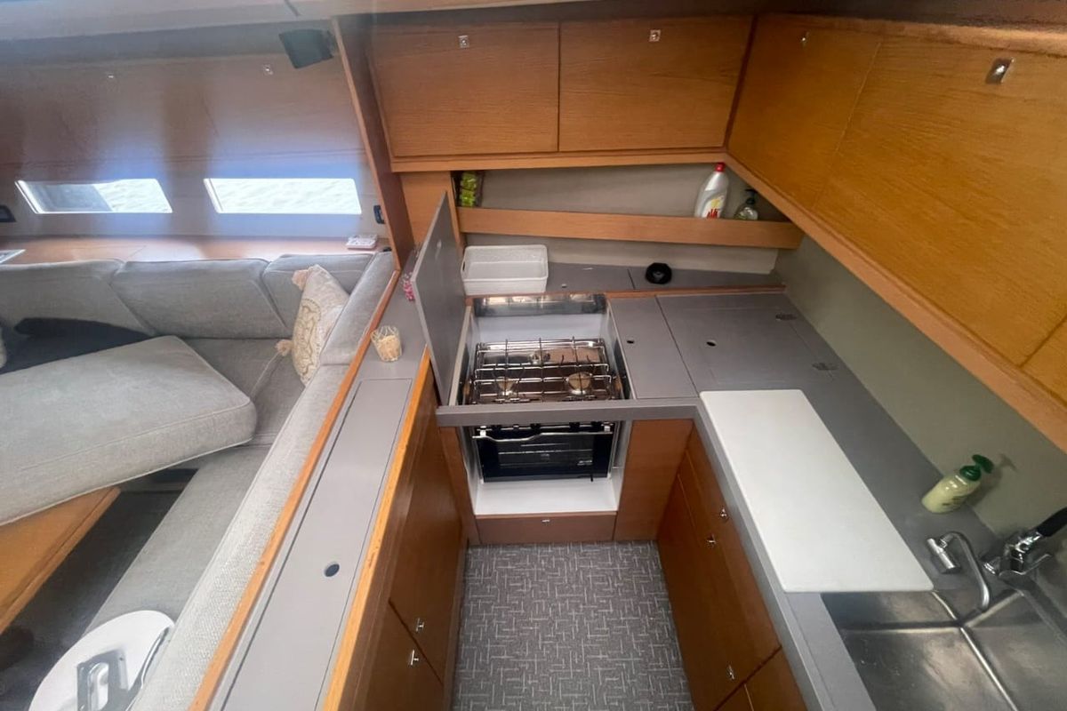 Galley of Captain Leo, a Dufour 560 sailboat at Tourlos, Greece