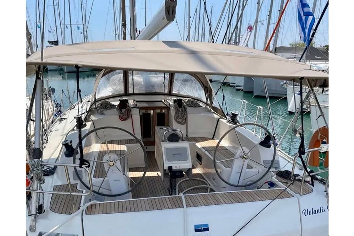 Cockpit of Volantis 9, a Bavaria Cruiser 46 sailboat at Kos, Greece