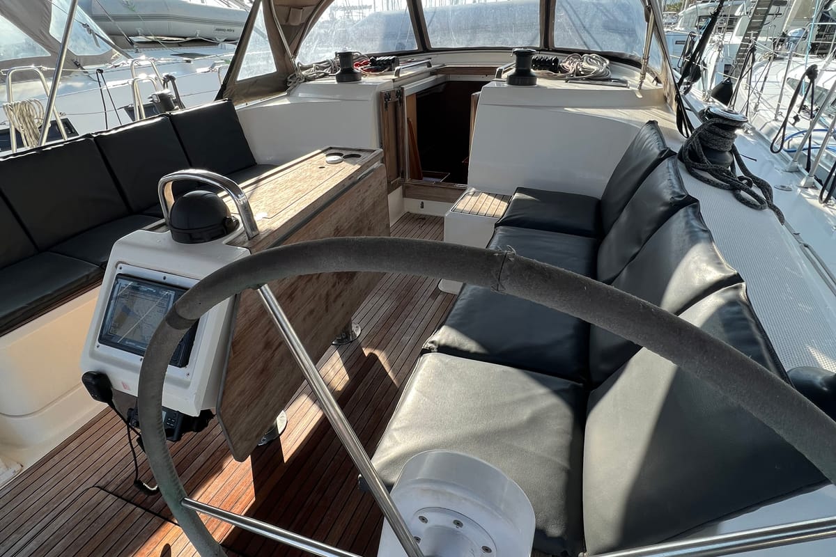 Cockpit of Volantis 9, a Bavaria Cruiser 46 sailboat at Kos, Greece