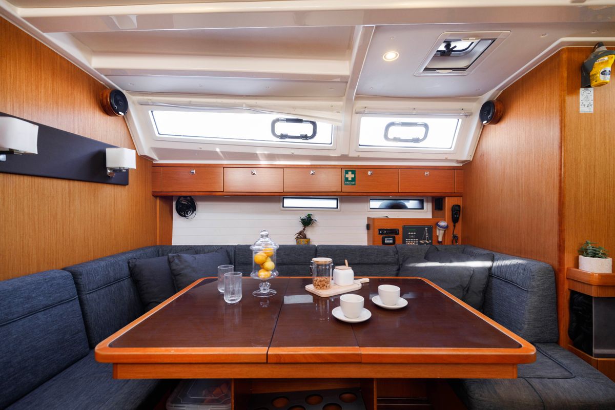 Salon of Volantis 9, a Bavaria Cruiser 46 sailboat at Kos, Greece