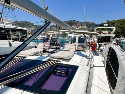 Deck of Brahms, a Dufour 430 sailboat at Fethiye, Turkey