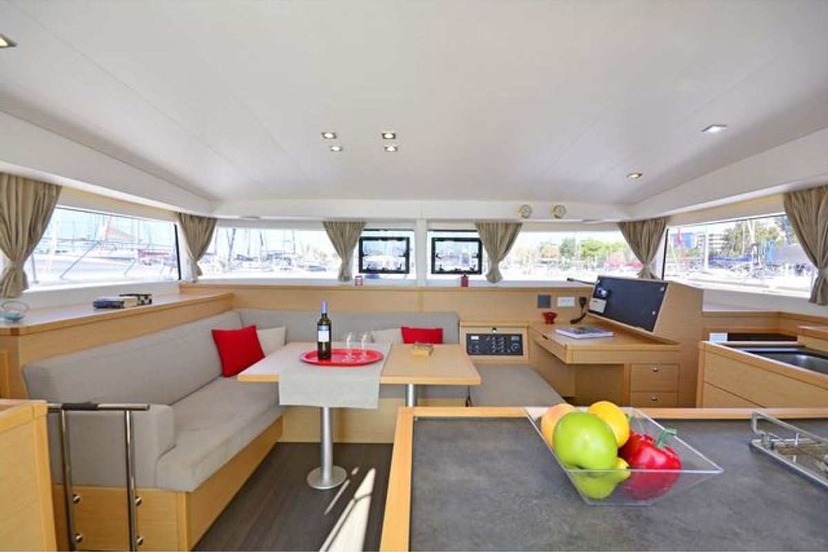 Salon of Callisto L400, a Lagoon 400 S2 catamaran at Lavreotiki Municipal Unit, Greece