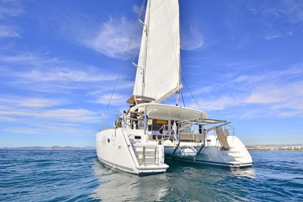 Exterior view of Callisto L400, a Lagoon 400 S2 catamaran at Lavreotiki Municipal Unit, Greece