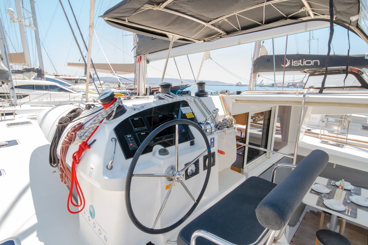 Callisto L400, a Lagoon 400 S2 catamaran at Lavreotiki Municipal Unit, Greece