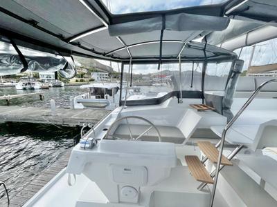 Cockpit of Wanderlust, a Fountaine Pajot Elba 45 catamaran at Parham Town, British Virgin Islands