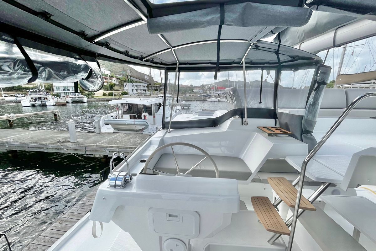 Cockpit of Wanderlust, a Fountaine Pajot Elba 45 catamaran at Parham Town, British Virgin Islands
