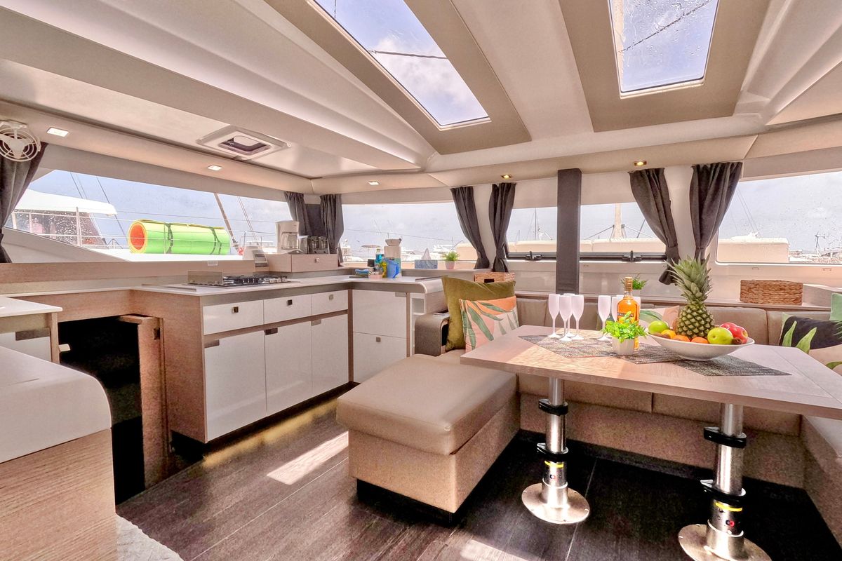 Salon of Wanderlust, a Fountaine Pajot Elba 45 catamaran at Parham Town, British Virgin Islands