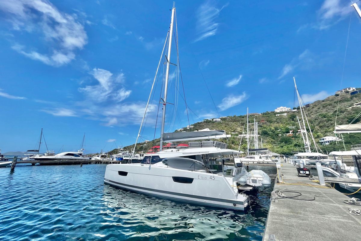 Exterior view of Wanderlust, a Fountaine Pajot Elba 45 catamaran at Parham Town, British Virgin Islands