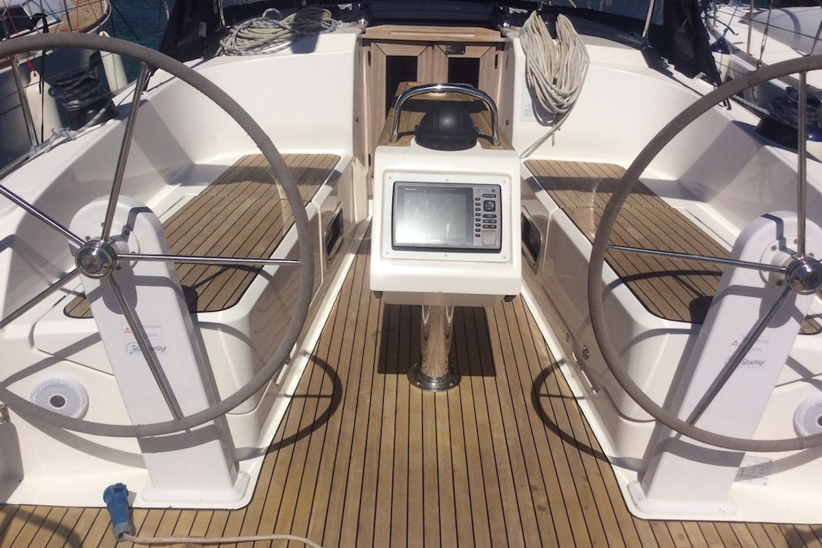 Cockpit of Elnath, a Bavaria Cruiser 37 sailboat at Olbia, Italy