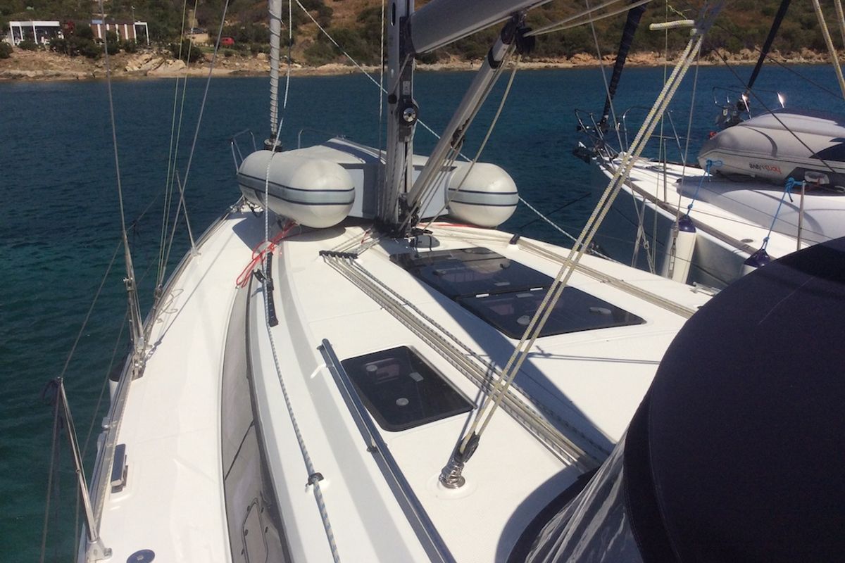 Deck of Elnath, a Bavaria Cruiser 37 sailboat at Olbia, Italy