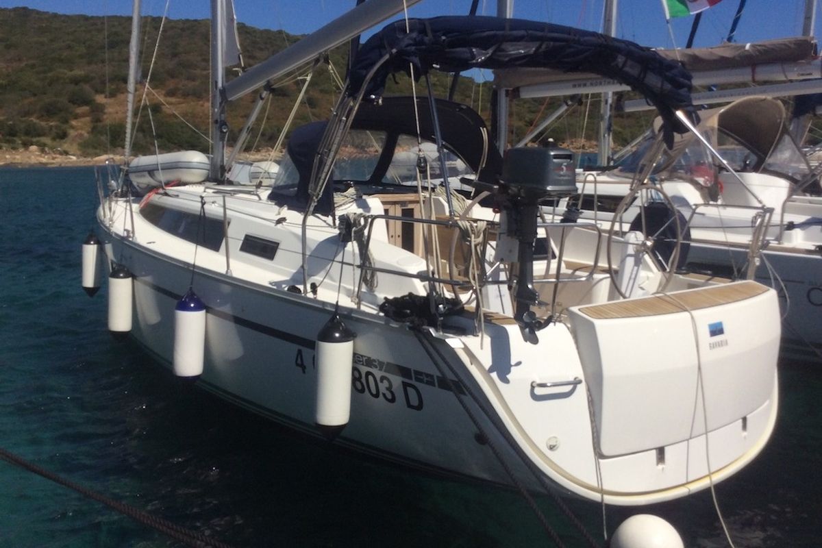 Exterior view of Elnath, a Bavaria Cruiser 37 sailboat at Olbia, Italy