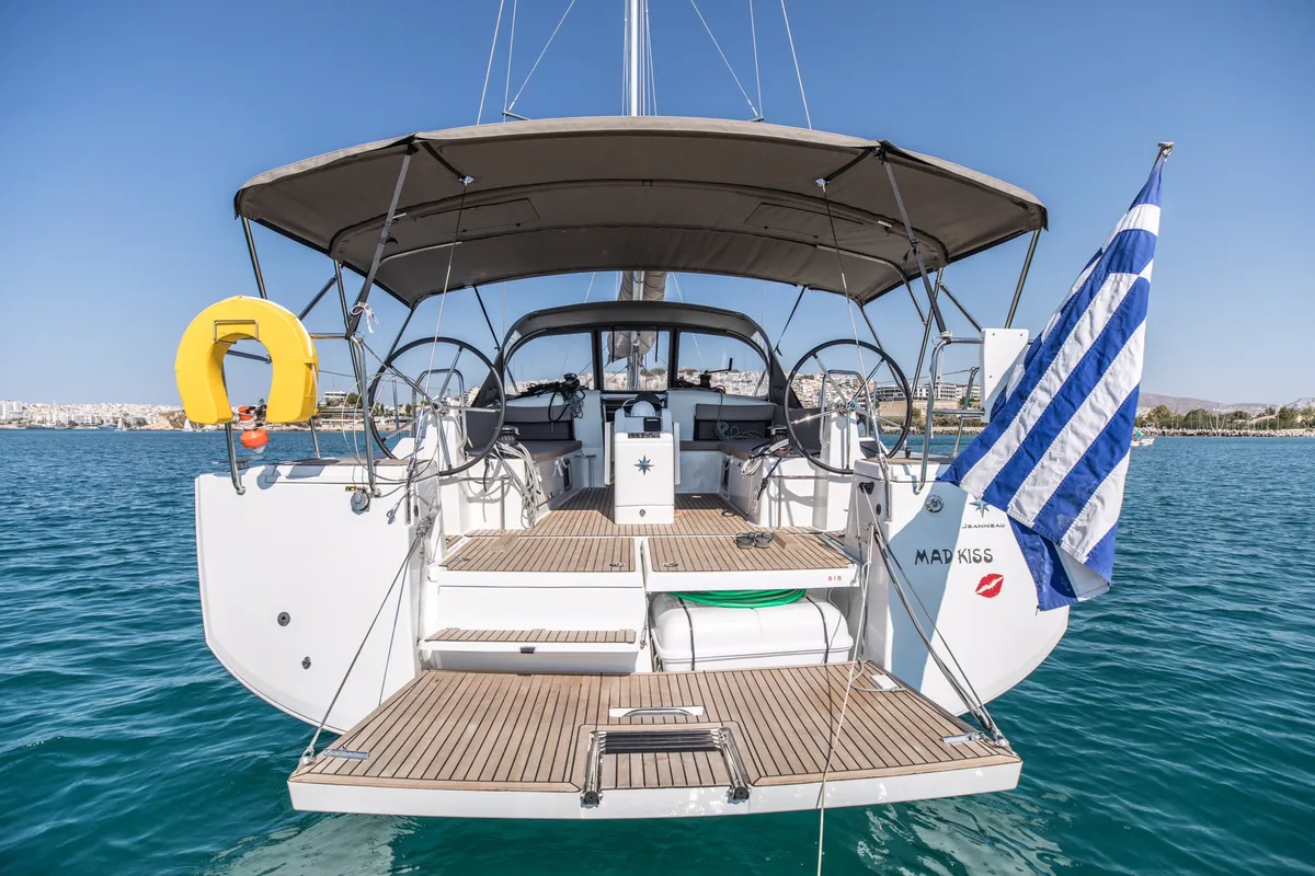 Cockpit of Mad Kiss, a Jeanneau Sun Odyssey 490 sailboat at Lavreotiki Municipal Unit, Greece