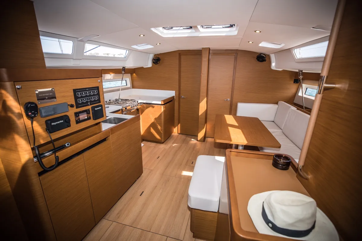 Salon of Mad Kiss, a Jeanneau Sun Odyssey 490 sailboat at Lavreotiki Municipal Unit, Greece