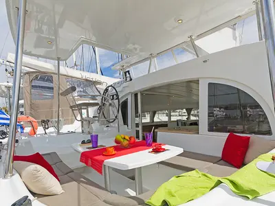 Deck of Bellevue, a Lagoon 380 catamaran at Lavreotiki Municipal Unit, Greece