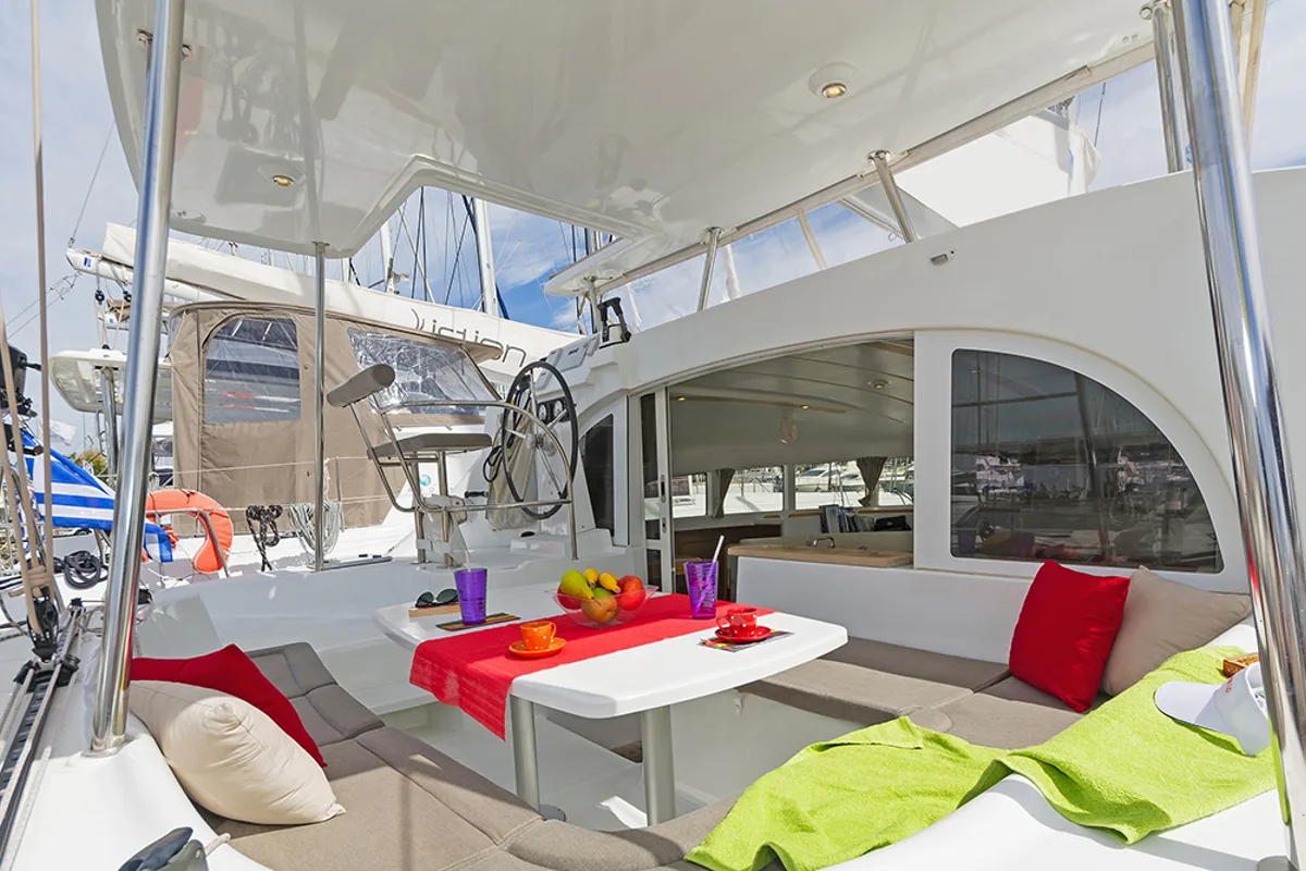 Deck of Bellevue, a Lagoon 380 catamaran at Lavreotiki Municipal Unit, Greece