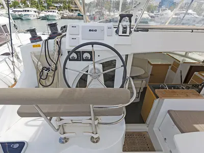 Cockpit of Bellevue, a Lagoon 380 catamaran at Lavreotiki Municipal Unit, Greece