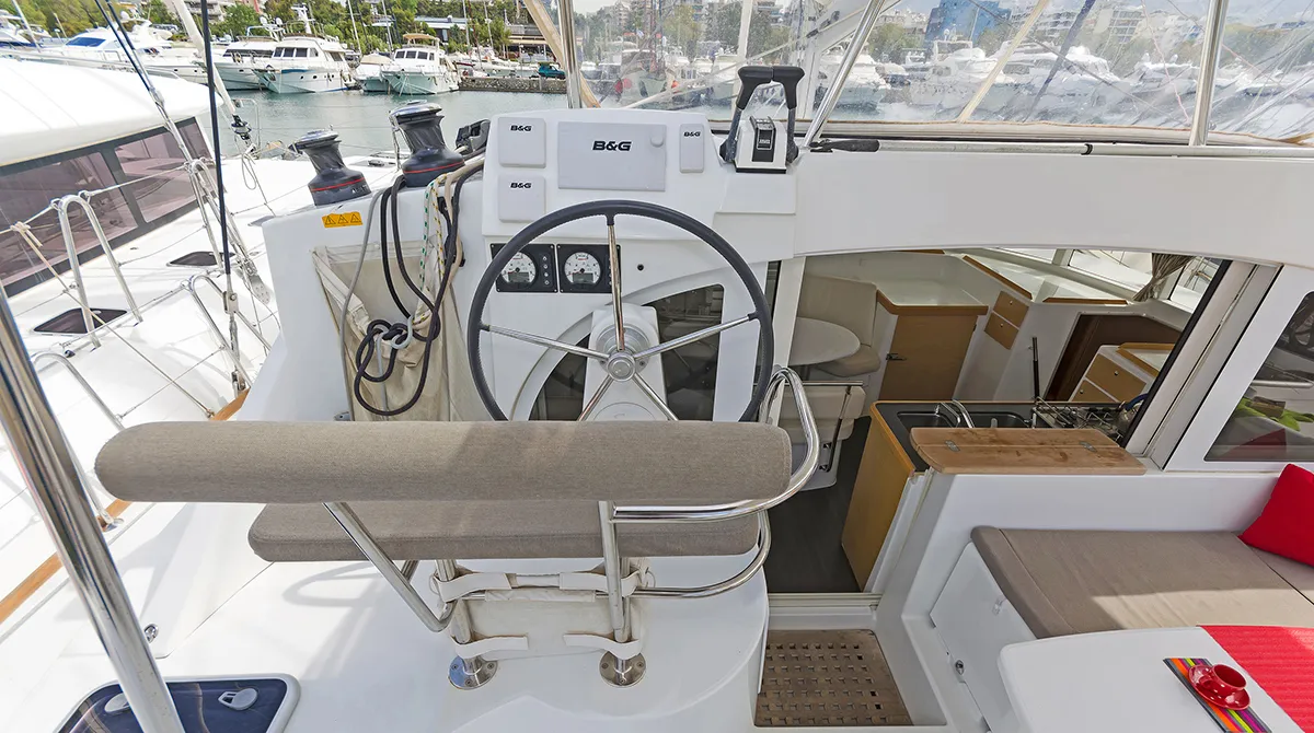 Cockpit of Bellevue, a Lagoon 380 catamaran at Lavreotiki Municipal Unit, Greece