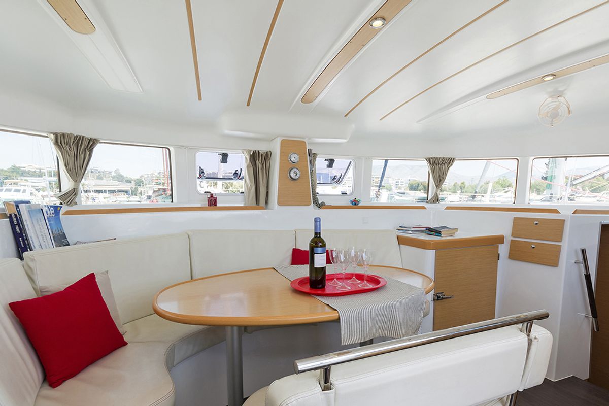 Salon of Bellevue, a Lagoon 380 catamaran at Lavreotiki Municipal Unit, Greece