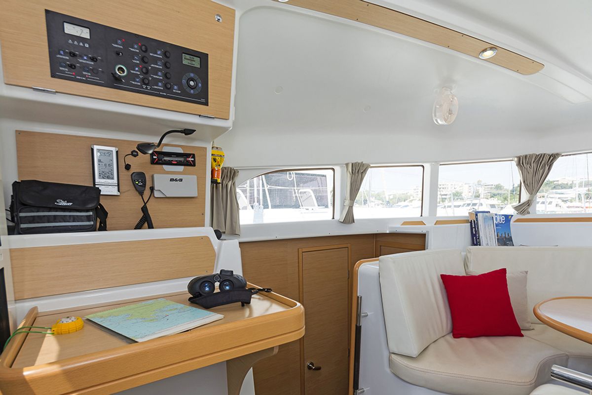 Salon of Bellevue, a Lagoon 380 catamaran at Lavreotiki Municipal Unit, Greece