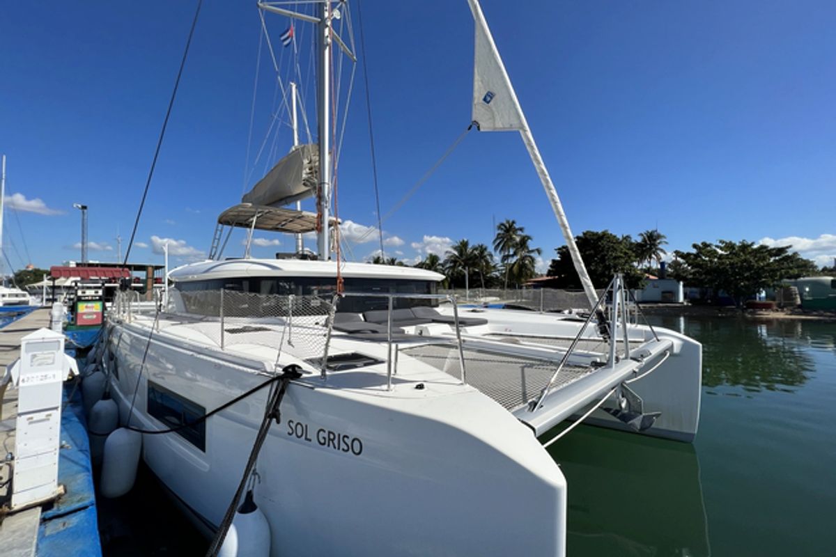 Exterior view of Sol Griso, a Lagoon 46 catamaran at Cienfuegos, Cuba