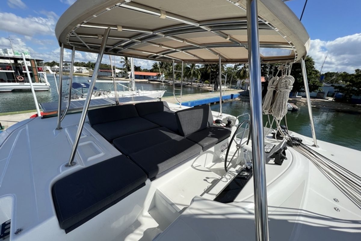Cockpit of Sol Griso, a Lagoon 46 catamaran at Cienfuegos, Cuba